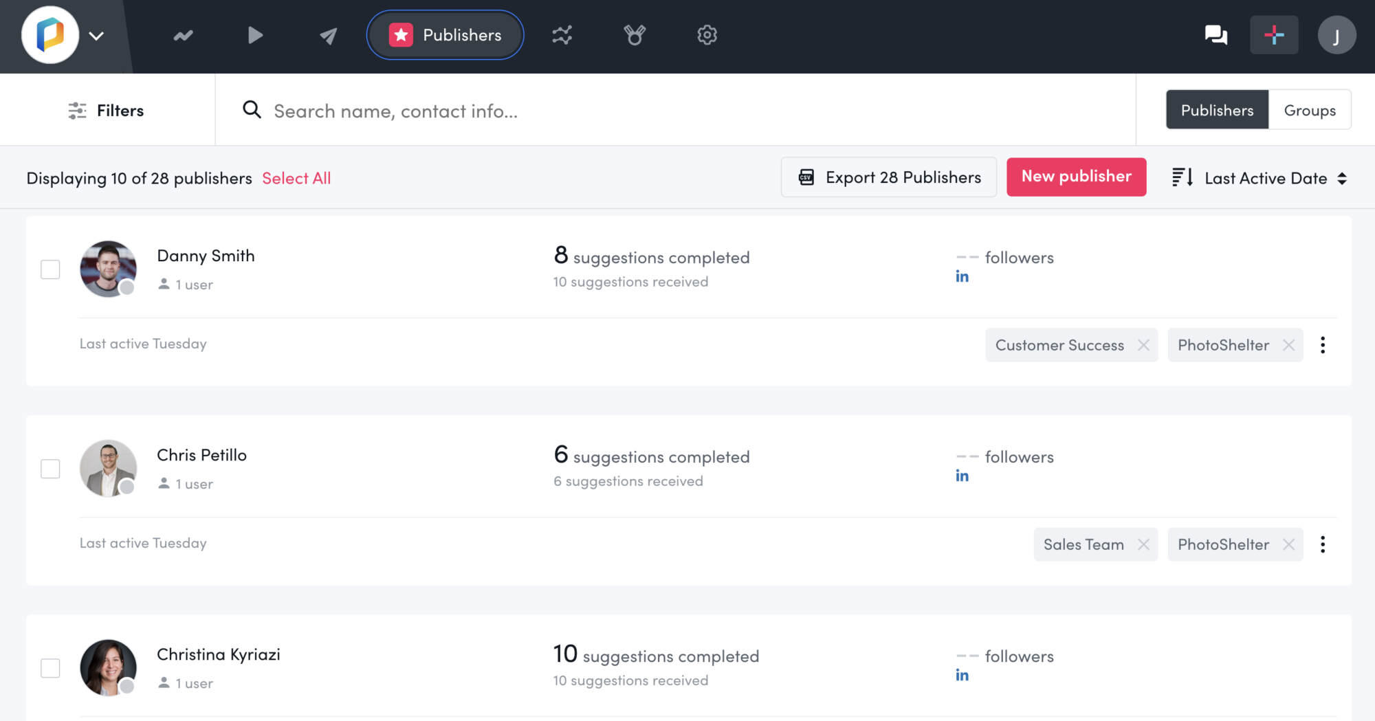 Screenshot of a page within Socialie by PhotoShelter that tracks Publisher participation.